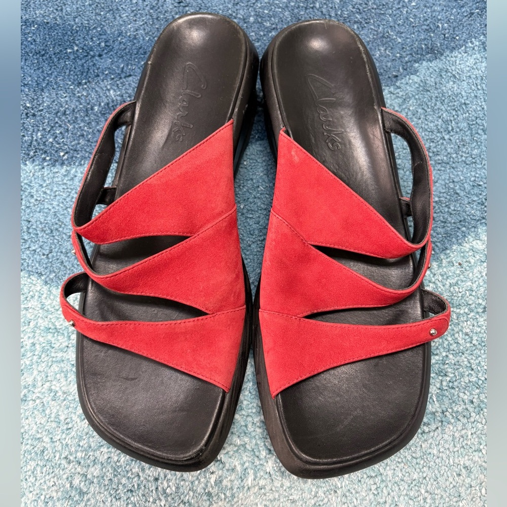 Clarks Red Suede Wedge Sandals, Sz 8.5